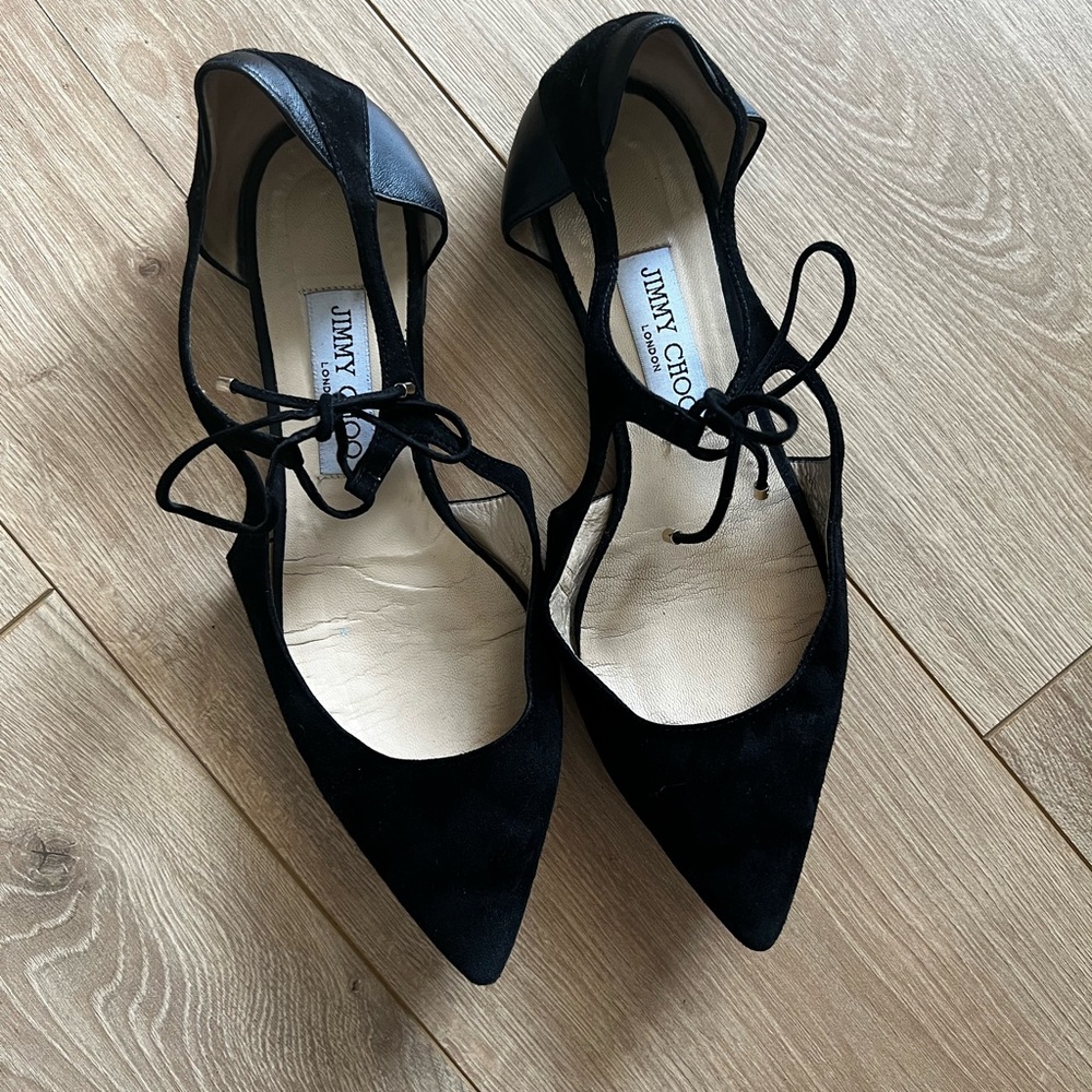 Jimmy Choo Black Pointed Lace-Up Flats with Suede Upper